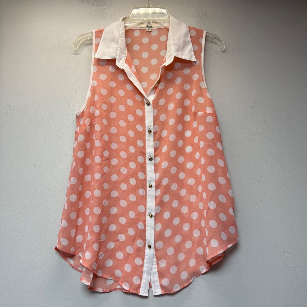 Ya Los Angeles Polka Dot Blouse Womens Medium Peach White Excellent Sleeveless